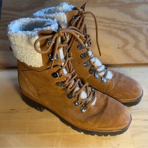Marc Fisher 9 Suede leather faux shearling lace up stack heel winter boots moto